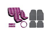 9pc Leopard Pink Print Plush Seat Cover Plus 4pc Gray Rubber Mats Full Set