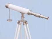 HANDCRAFTED MODEL SHIPS ST 0128 BN WL Floor Standing Brushed Nickel With White Leather Harbor Master Telescope 50