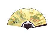 Scenery Print Yellow Cloth Bamboo Frame Chinese Traditional Folding Fan