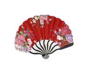 Unique Bargains 9.3 Floral Print Cloth Curve Bamboo Handle Folded Hand Fan Red