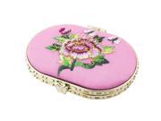 Unique Bargains Oval Shape Embroidered Flower Pattern Mini Pocket Makeup Cosmetic Mirror Pink