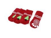 Unique Bargains 2 Pairs Red Green Hand Knit Stripe Tree Print Nonslip Pet Dog Doggie Socks