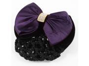 Unique Bargains Glistening Rhinestones Inlaid Dual Bowknot Snood Net French Hairclip Dark Purple