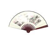 Summer Beige Fabric Bamboo Lotus Printed Portable Foldable Pocket Hand Fan
