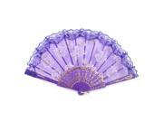 Purple Blue Plastic Frame Gold Tone Glitter Powder Decor Flower Printed Hand Fan