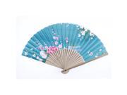 Flower Printed Bamboo Ribs Foldable Hand Fan Lake Blue Pink