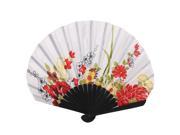 Black 23cm Length Bamboo Frame Flower Print Hand Fan