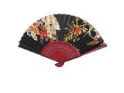 Burgundy Wood Hollow Out Design Ribs Flower Pattern Fabric Foldable Hand Fan