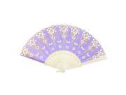Unique Bargains Gold Tone Powder Purple Floral Nylon Surface Ivory Frame Hand Fan