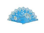 Unique Bargains Plastic Rib Glittery Powder Decor Flower Printed Folding Hand Fan Sky Blue