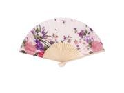 Wooden Ribs Floral Pattern Summer Party Fabric Folding Hand Fan White Pink