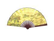Unique Bargains Ancient Poetry Print Yellow Cloth Bamboo Frame Chinese Traditional Fan