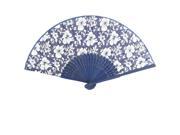 Unique Bargains Protable Bamboo Frame White Hibiscus Flower Pattern Hand Fan Gift Dark Blue