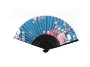 Japanese Style Bamboo Frame Floral Pattern Fabric Folding Hand Fan Royal Blue