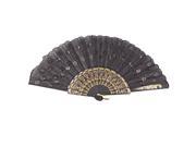 Unique Bargains Sequin Accent Flower Black Fabric Asia Chinese Hand Fan