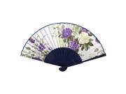 Flower Pattern Bamboo Ribs Foldable Hand Fan Navy Blue Whie Purple