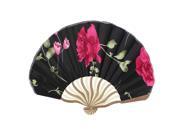 Bamboo Frame Flower Pattern Silky Section Foldable Craft Hand Fan Black