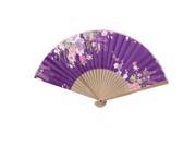 Wood Frame Flower Pattern Oriental Summer Dancing Folding Hand Fan Purple Beige