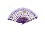 Hollow Out Plastic Rib Glitter Powder Detail Rose Print Folded Hand Fan Purple