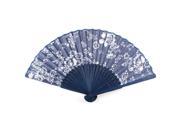 Fabric Floral Print Navy Blue Bamboo Hollow Out Frame Folding Hand Fan