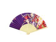 Hollow Frame Red Floral Print Purple Fabric Cloth Foldable Hand Fan for Women