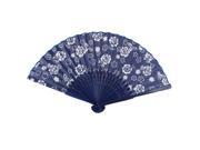 Lady Women White Rose Print Navy Blue Bamboo Hollow Out Folding Hand Fan