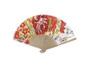 Summer Brown Bamboo Frame Flower Printed Fabric Foldable Portable Hand Fan Red