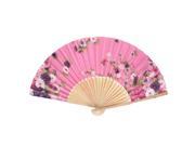 Unique Bargains Wooden Frame Flower Pattern Dance Wedding Fabric Folding Hand Fan Pink