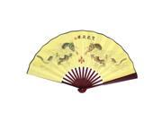 33.5cm Dancing Dragon Pattern Foldable Wood Handle Yellow Fabric Folding Fan