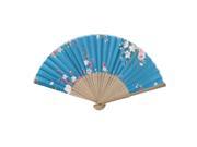 Wood Frame Flower Pattern Oriental Summer Folding Hand Fan Teal Blue Beige
