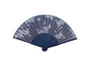 Unique Bargains Dragon Pattern Bamboo Frame Fabric Folding Hand Fan White Navy Blue