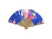 Wood Frame Flower Pattern Summer Dancing Party Folding Hand Fan Blue Beige