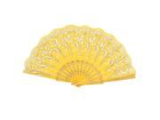 Unique Bargains Yellow Plastic Rib Glittery Gold Tone White Flower Print Fabric Folding Hand Fan