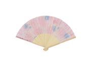 Unique Bargains Beige Wooden Ribs Flower Star Sun Print Pink Organza Foldable Hand Fan
