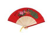 Chinese Style Bamboo Ribs Fabric Flowers Print Folding Hand Fan Red Beige