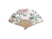Summer Brown Bamboo Frame Flower Printed Fabric Foldable Pocket Hand Fan White