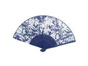 Unique Bargains Summer Woman Bamboo Frame White Floral Printed Compact Hand Fan Dark Blue