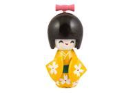 Pink Bowknot Yellow Kimono Girl Kokeshi Doll Wooden Toy