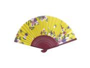 Wood Hollow Out Style Ribs Flower Pattern Fabric Foldable Hand Fan Yellow