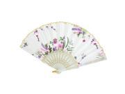 Woman White Plastic Frame Flower Print Foldable Hand Fan w U Ring