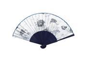 Unique Bargains Floral Print Bamboo Frame Summer Cool Hand Fan White Navy Blue