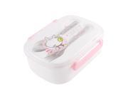 Unique Bargains Plastic Rectangle Shaped Dual Sections Lunch Box White Pink w Spoon Fork