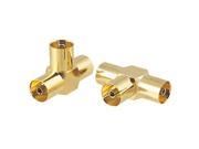 Unique Bargains 2 Pcs Gold Tone Plated TV PAL Female 1 to 2 Two Female T RF Adapter Connector