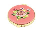 Silk Embroidery Round Shape Folding Portable Pocket Makeup Cosmetic Mirror Pink