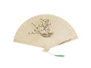 Unique Bargains Plum Bonsai Pattern Cut Out Foldup Wooden Hand Fan w Green Tassels