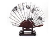 Unique Bargains Chinese Wedding Party Favor Floral Wood Folding Hand Fan White Gray w Holder