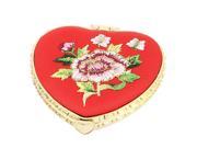 Silk Embroidery Heart Shape Folding Portable Pocket Makeup Cosmetic Mirror Red