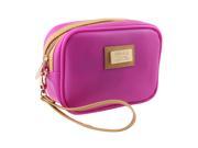 Woman Faux Leather Zip Up Make Up Cosmetic Bag w Removeable Strap Fuchsia