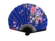Unique Bargains Wedding Bamboo Frame Blooming Flower Printed Folding Hand Fan Blue