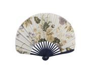 Unique Bargains Dark Blue Bamboo Ribs Mini Flower Printed Folding Hand Fan Party Gift Beige